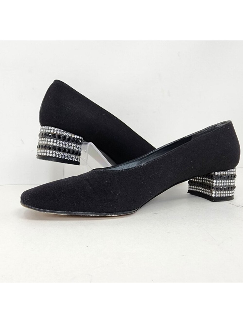 Stuart Weitzman Dressy Black Satin Block Heel with Rhinestons, Women's 7.5 AAA